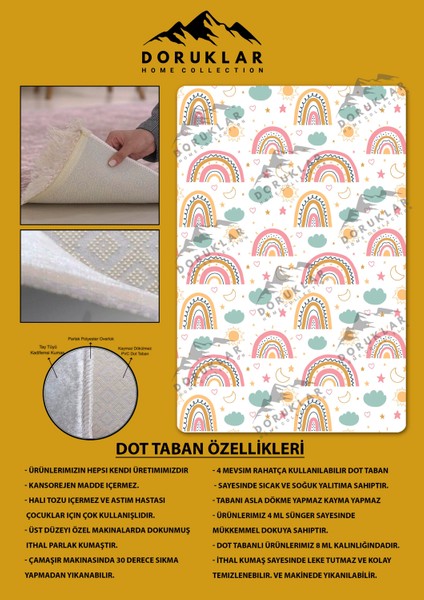 Kaymaz Taban Makinada Yıkanabilir Dijital Baskı Gökkuşağı Desenli Çocuk Odası Halısı Dot Taban Halı RB06