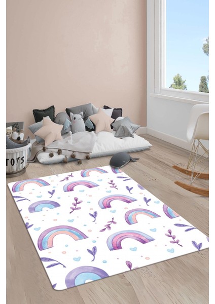 Kaymaz Taban Makinada Yıkanabilir Dijital Baskı Gökkuşağı Desenli Çocuk Odası Halısı Dot Taban Halı RB05