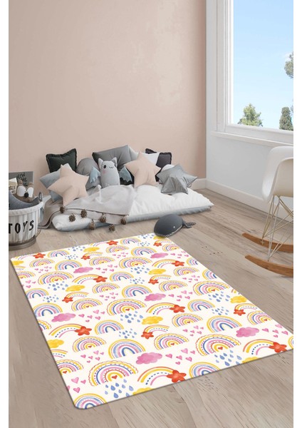 Kaymaz Taban Makinada Yıkanabilir Dijital Baskı Gökkuşağı Desenli Çocuk Odası Halısı Dot Taban Halı RB03