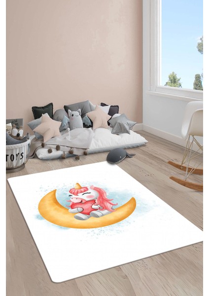 Kaymaz Taban Makinada Yıkanabilir Dijital Baskı Unicorn Desenli Çocuk Odası Halısı Dot Taban Halı RB08