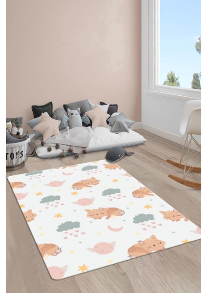 Kaymaz Taban Makinada Yıkanabilir Dijital Baskı Tatlı Kedi Desenli Çocuk Odası Halısı Dot Taban Halı RB09