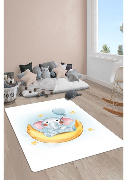 Kaymaz Taban Makinada Yıkanabilir Dijital Baskı Fil Desenli Çocuk Odası Halısı Dot Taban Halı RB10