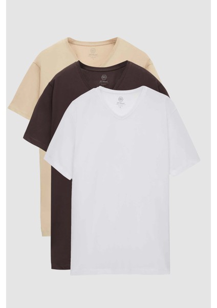 Ds Damat Slim Fit Kahve/bej/beyaz 3'lü Set V Yaka T-Shirt