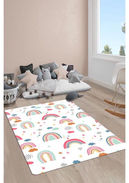 Kaymaz Taban Makinada Yıkanabilir Dijital Baskı Gökkuşağı Desenli Çocuk Odası Halısı Dot Taban Halı RB01