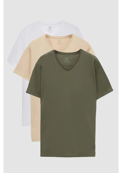 Ds Damat Slim Fit Haki/bej/beyaz 3'lü Set V Yaka T-Shirt