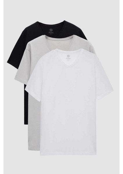 Ds Damat Slim Fit Siyah/gri/beyaz 3'lü Set V Yaka T-Shirt