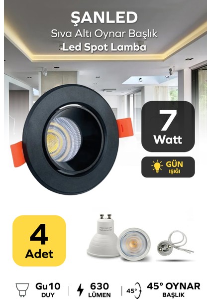 7W Sıva Altı Oynar Başlık GU10 Siyah Kasa Gün Işığı LED Spot Lamba-4 Adet