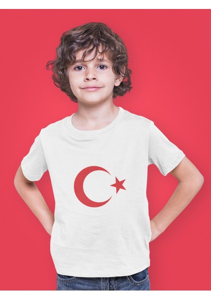 Çocuk Kırmızı Ay Yıldız Transfer Baskılı Yuvarlak Yaka Kısa Kol Tişört