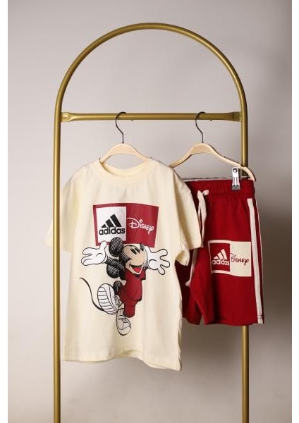 Erkek Çocuk Yazlık Alt Üst Takım Kırmızı Sporcu Mickey Şortlu Takım