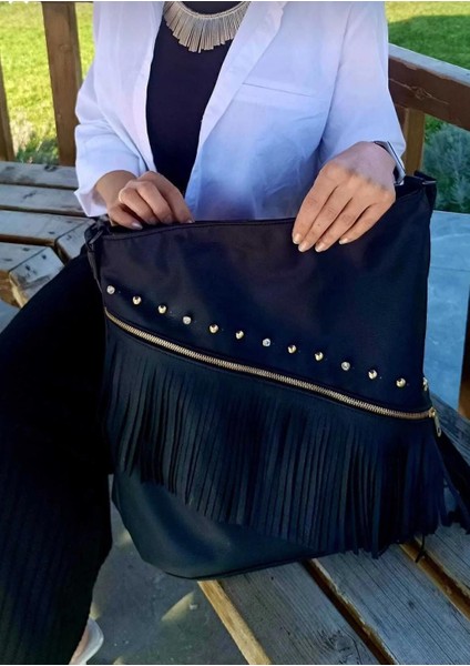 Suni deri Siyah Taşlı Büyük Boy omuz Kol Çantası