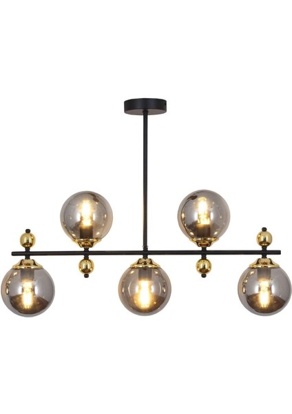 Serra 5 Li Siyah Gold Avize Füme Camlı Modern Mutfak Yemek Masası Üstü Yatak Odası Salon Avize
