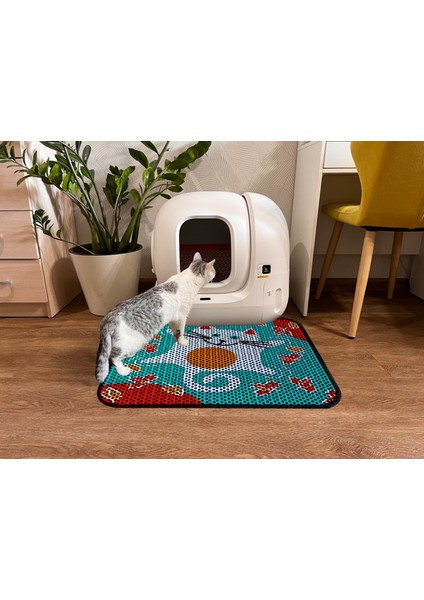 Büyük Boy Elekli Tuvalet Önü Desenli Kedi Kumu Paspası 60 x 80 cm