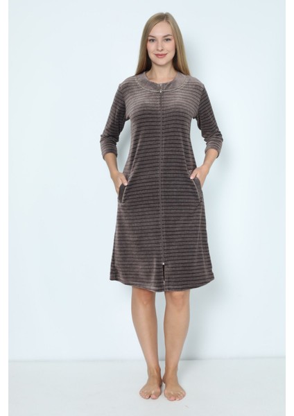Kadın Fermuarlı Çizgi Desenli Pamuklu Kadife Elbise
