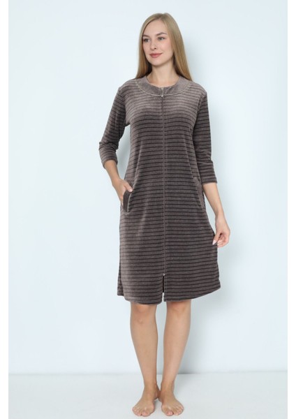 Kadın Fermuarlı Çizgi Desenli Pamuklu Kadife Elbise fiyatları
