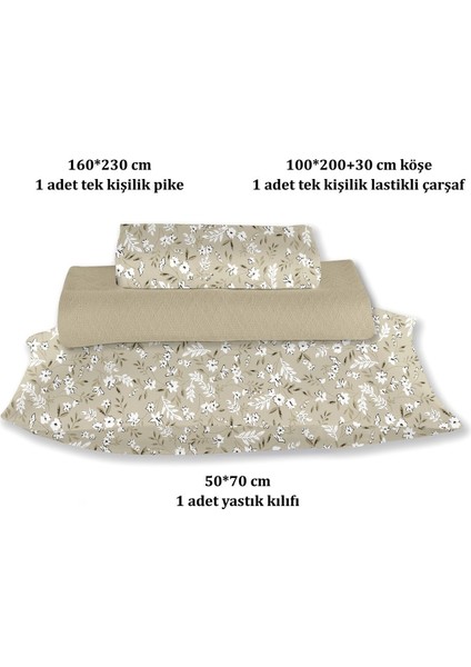 %100 Pamuk Doria Bej Tek Kişilik Pike Takımı 160 x 230 cm