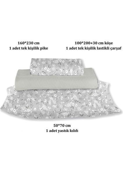 %100 Pamuk Doria Gri Tek Kişilik Pike Takımı 160 x 200 cm