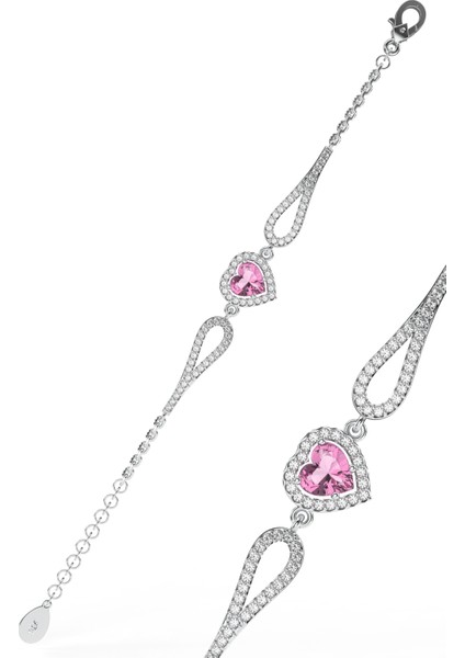 925 Ayar Pembe Taşlı Rodyum Pırlanta Görünümlü Kalp Gümüş Bileklik