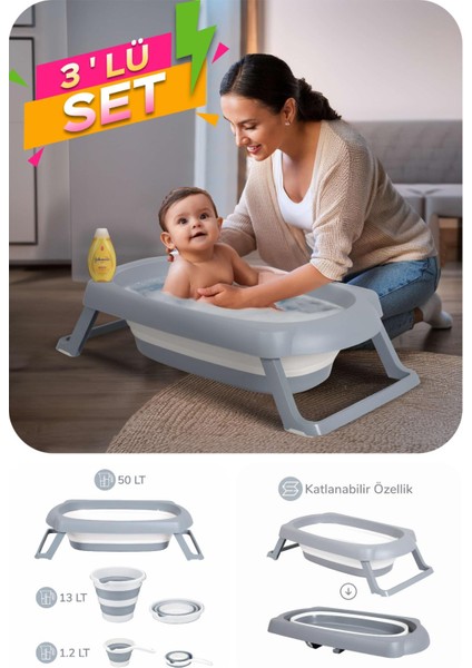 3 Parça Bebek Küvet Seti, Bebek Banyo Küveti, Katlanır Küvet 50 Litre
