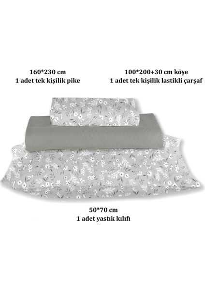 %100 Pamuk Doria Koyu Gri Tek Kişilik Pike Takımı 160 x 200 cm