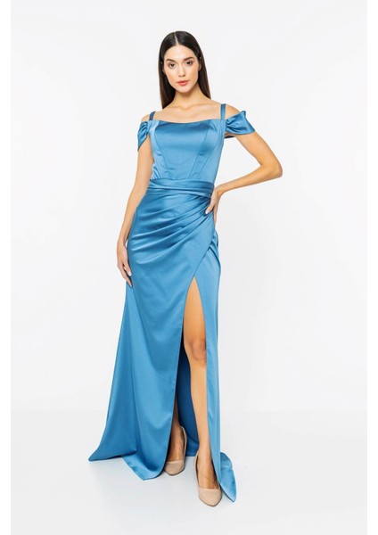 Invidia Beli Drapeli Yırtmaç Detaylı Saten Abiye