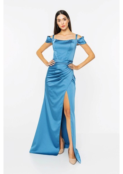 Invidia Beli Drapeli Yırtmaç Detaylı Saten Abiye fiyatları