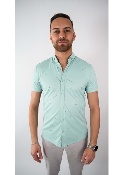 Erkek Desenli Yeşil Kısa Kol Gömlek