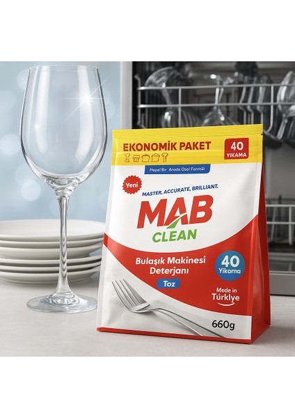 MABCLEAN Hepsi Bir Arada Toz Bulaşık Makinesi Deterjanı 40 Yıkama Ekonomik Paket 660gr