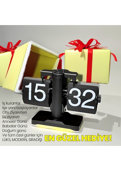 Retro Modern Tarz LED Işıklı Dekoratif Lüks Hediyelik Çevirmeli Flip Masa Konsol Saati
