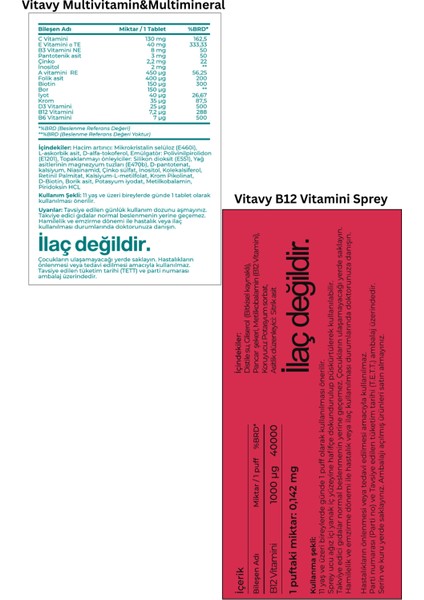 B12 Vitamini Sprey 10 ml (75 Puff) & Multivitamin & Multimineral (1X30 Tablet)