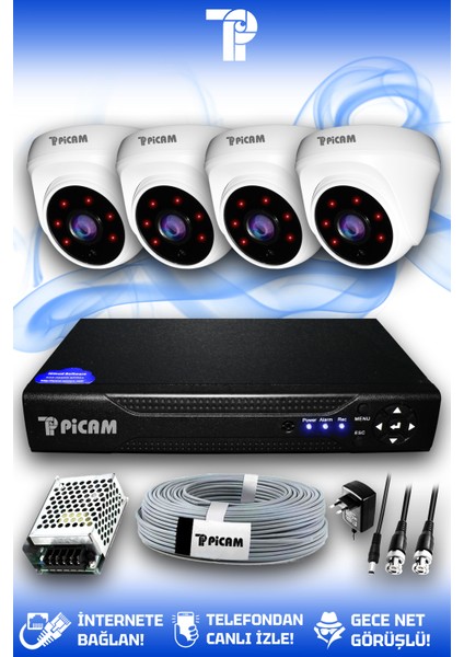 4 Kameralı Dome 4 İç Kamera Set HDD'siz Full HD Gece Görüşlü Güvenlik Kamerası Sistemi