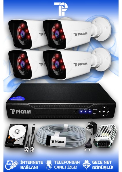 4 Kameralı Kare 4 Dış Kamera Set 250 GB HDD Full HD Gece Görüşlü Güvenlik Kamerası Sistemi