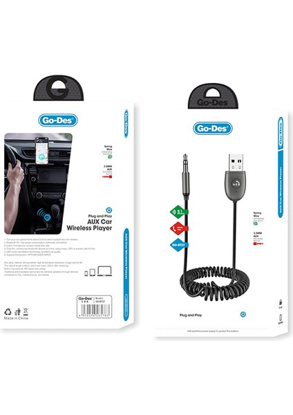 Go Des GD-BT27 Spiral Kablo Tasarımlı Aux Bluetooth Adaptör V5.1 Siyah