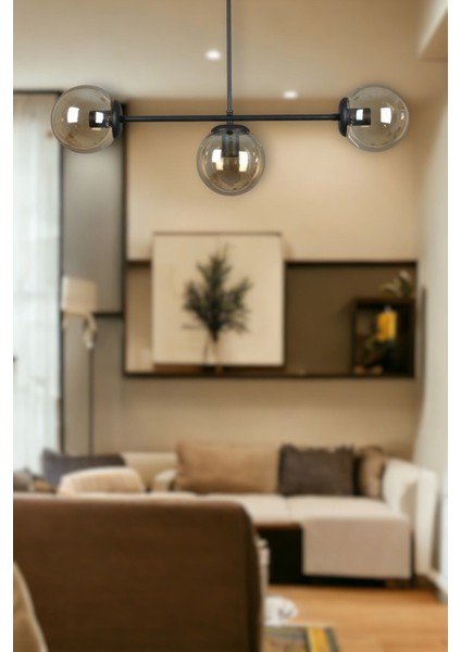 Neron Özel Tasarım Esiyah Renk Globe Bal Camlı Salon - Mutfak - Yatak Odası 3'lü Avize