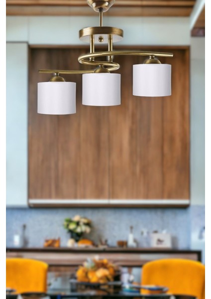 Fuji Modern Dekoratif Eskitme Renk Salon - Mutfak - Yatak Odası 3 Lü Beyaz Kumaş Başlıklı Avize
