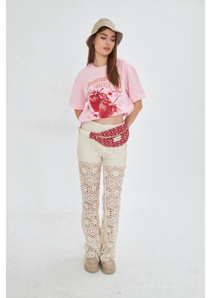 Strawberry Fields Forever Baskılı %100 Pamuk Kadın Oversize Siyah Tişört