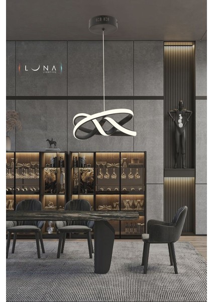 Eclipse Model Siyah Renk Metal Salon Mutfak Oturma Yatak Odası 3 Renk Kumandalı LED Sarkıt Avize