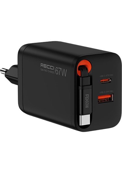 RC103E Gan Teknolojili Şarj Başlığı Usb-A To Type-C Pd 67W Type-C Kablolu Şarj Seti Siyah