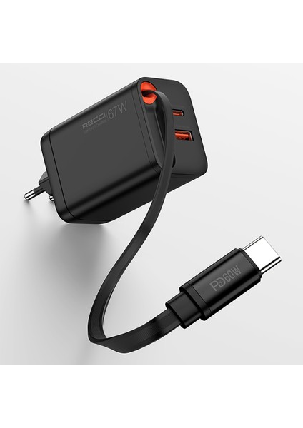 RC103E Gan Teknolojili Şarj Başlığı Usb-A To Type-C Pd 67W Type-C Kablolu Şarj Seti Siyah