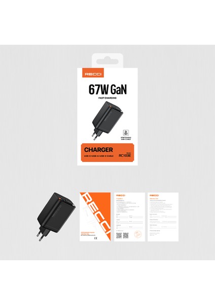 RC103E Gan Teknolojili Şarj Başlığı Usb-A To Type-C Pd 67W Type-C Kablolu Şarj Seti Siyah
