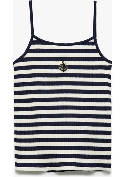 Ribanalı Çizgili Nakış Detaylı Ince Askılı Atlet