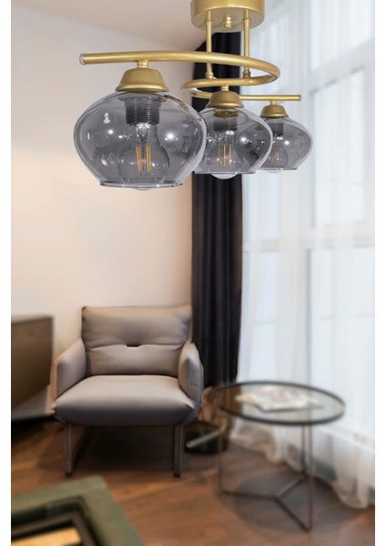 Fuji Modern Dekoratif Eskitme Renk Camlı 3 Lü Avize Salon - Mutfak - Yatak Odası