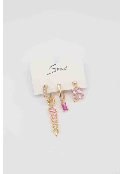 Shesra 3'lü Pembe Taşlı Çelik Küpe