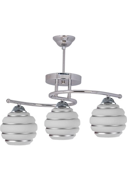 Fuji 2046 Camlı Modern Krom Kasa Gümüş Desenli Salon - Mutfak - Yatak Odası 3 Lü Avize