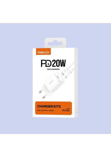 RC65E Hızlı Şarj Başlığı Type-C To Lightning Pd 20W Kablolu Şarj Seti Beyaz