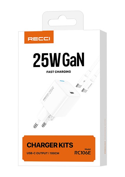 RC106E Gan Teknolojili Hızlı Şarj Başlığı Type-C To Type-C Pd 25W Kablolu Şarj Seti Beyaz