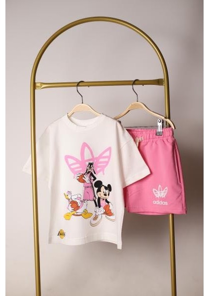 Kız Çocuk Alt Üst Takım Pembe Spor Logolu Şortlu Takım