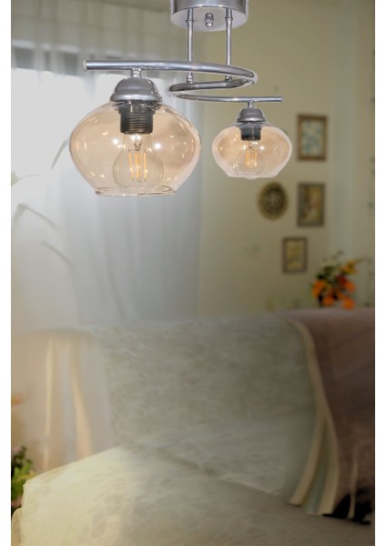 Fuji Modern Dekoratif Krom Renk 2 Li Camlı Avize Salon - Mutfak - Yatak Odası