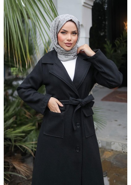 Kapak Detaylı Kaşe Kaban Siyah fırsatları