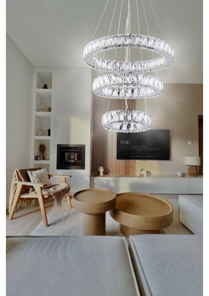 Kristal 3 Katlı Yuvarlak Ledli Avize - Salon - Yatak Odası - Resepsiyon