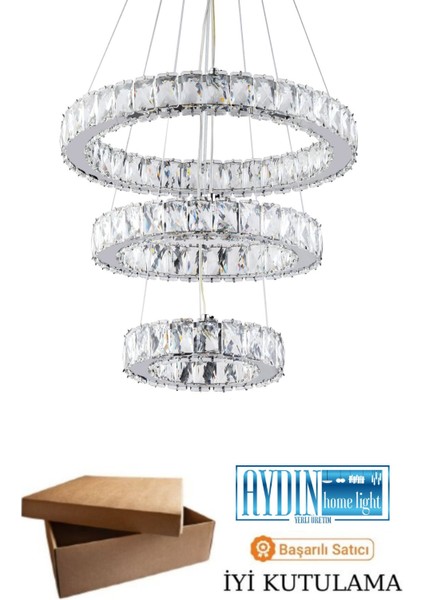 Kristal 3 Katlı Yuvarlak Ledli Avize - Salon - Yatak Odası - Resepsiyon